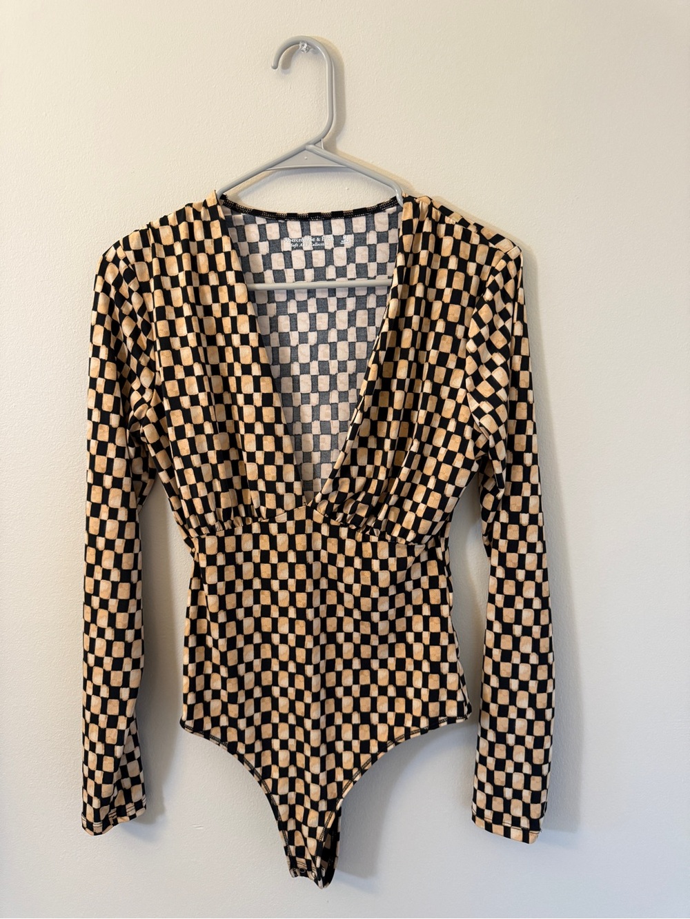 Checkerboard Long Sleeve V-Neck Bodysuit
